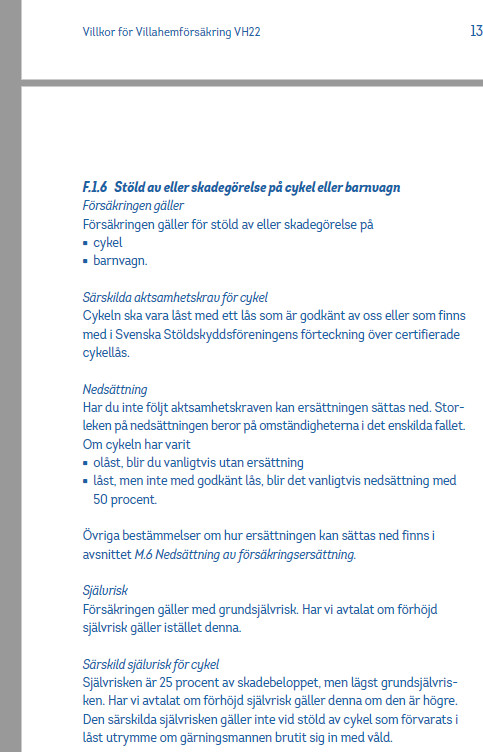 Försäkringsvillkor om stöld av cykel enligt VH22 Länsförsäkringar