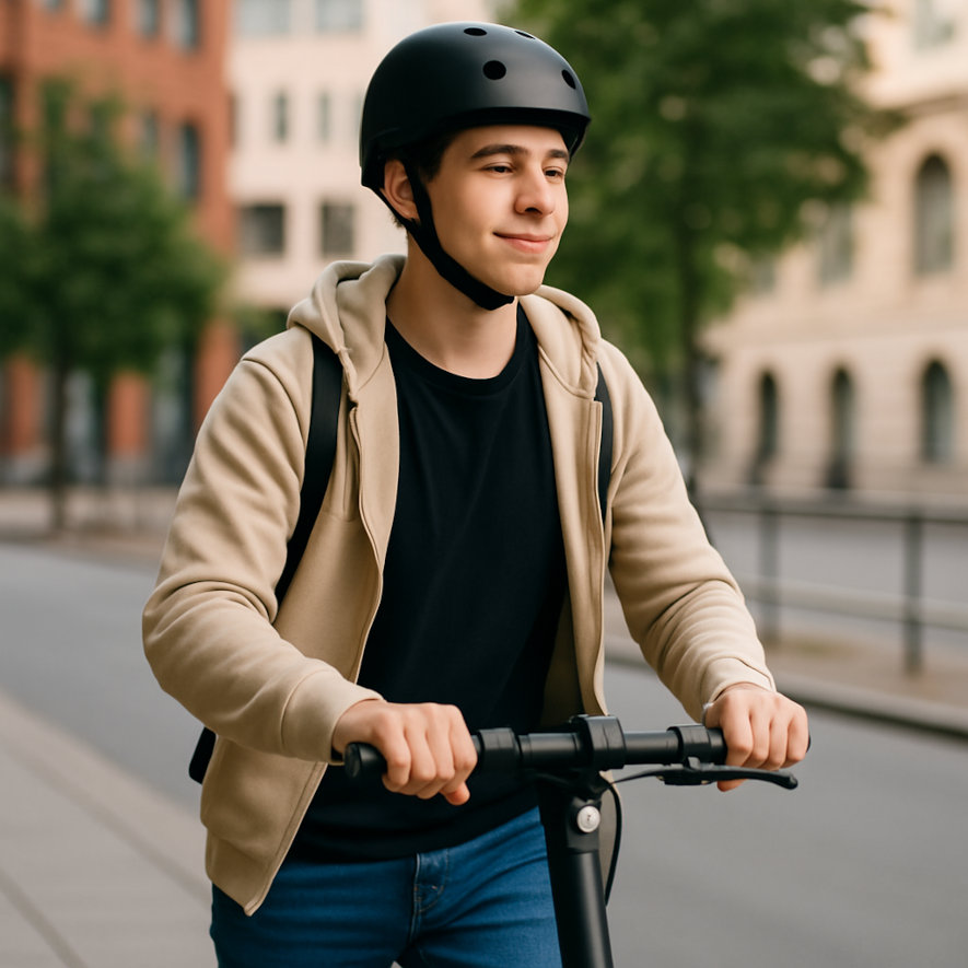 Han åker med hjälm på sin elsparkcykel