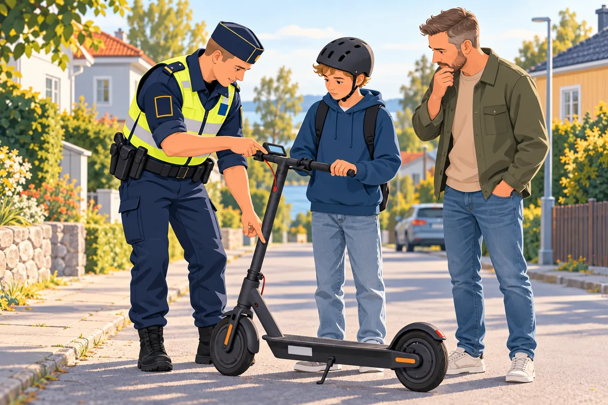 Polis kontrollerar ett barns elsparkcykel medan pappan tittar på