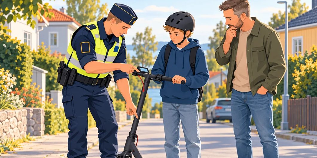 polis kontrollerar ett barns elsparkcykel medan pappan tittar på